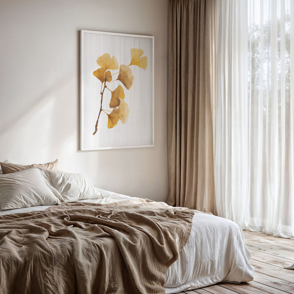 Ginkgo Poster in Gelb – Botanischer Kunstdruck in Aquarell, Minimalistische Wanddeko fürs Schlafzimmer oder Wohnzimmer