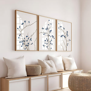 3-teiliges Wandbilder-Set mit blauen Zweigen & Beeren – Minimalistische Botanische Poster für Wohnzimmer & Flur