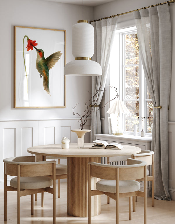 Handgemaltes Aquarell-Kunstwerk Kolibri, Farbenfroher Vogel mit gelben Blüten