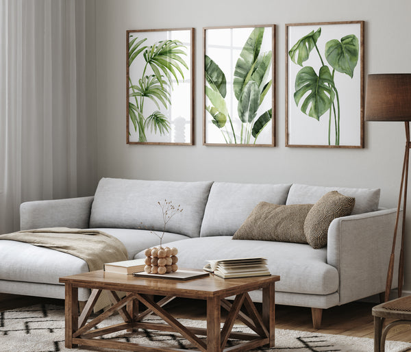 Botanical wall posters, set of 3 green tropical leaves