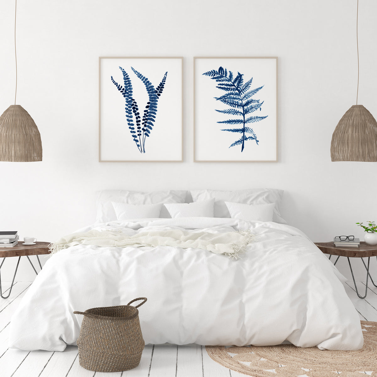 Blue Botanical Prints – Set of 2 Navy Fern Wall Art, Minimalist Nature ...