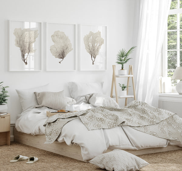 Coastal Coral Wall Art Set of 3 – Neutral Sea Fan Prints, Nautical Artwork, Modern Farmhouse & Scandinavian Coastal Decor