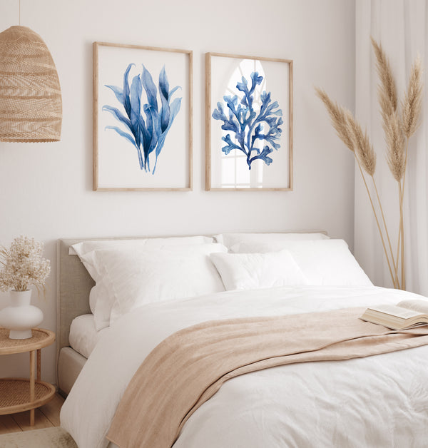 Set aus 2 Aquarell-Pflanzenpostern – Blaue Wandbilder mit Meerespflanzen – Moderne Japandi Deko für Wohnzimmer oder Schlafzimmer