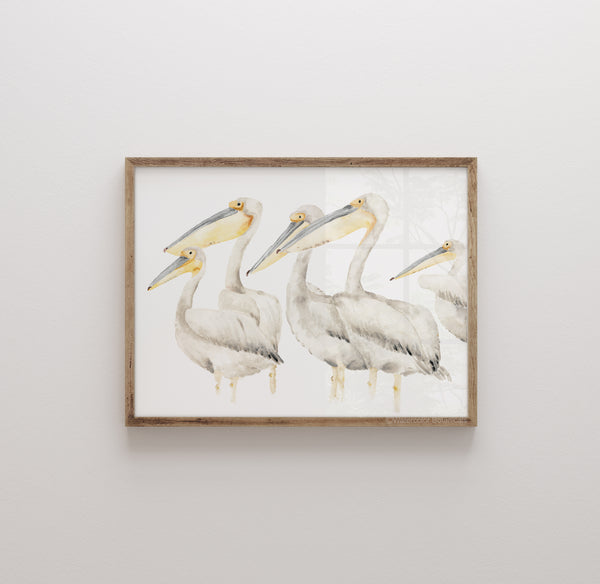 Watercolor pelican wall art with abstract design