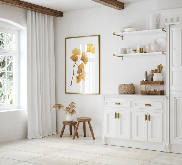 Ginkgo Poster in Gelb – Botanischer Kunstdruck in Aquarell, Minimalistische Wanddeko fürs Schlafzimmer oder Wohnzimmer