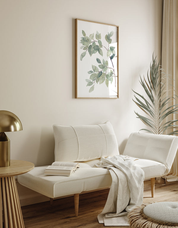 Aquarell Blätter Poster – Grünes Pflanzen Wandbild – Minimalistische Naturkunst im Japandi Stil für Wohnzimmer oder Schlafzimmer