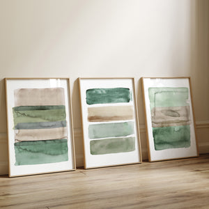 Green Wall Art Prints – Set of 3 Abstract Watercolor Paintings, Japandi Minimalist Art in Earth Tones, Neutral Decor for Living Room