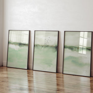 Japandi Sage Green Wall Art for Modern Living Room and Bedroom, Abstract Watercolor Set of 3 Prints