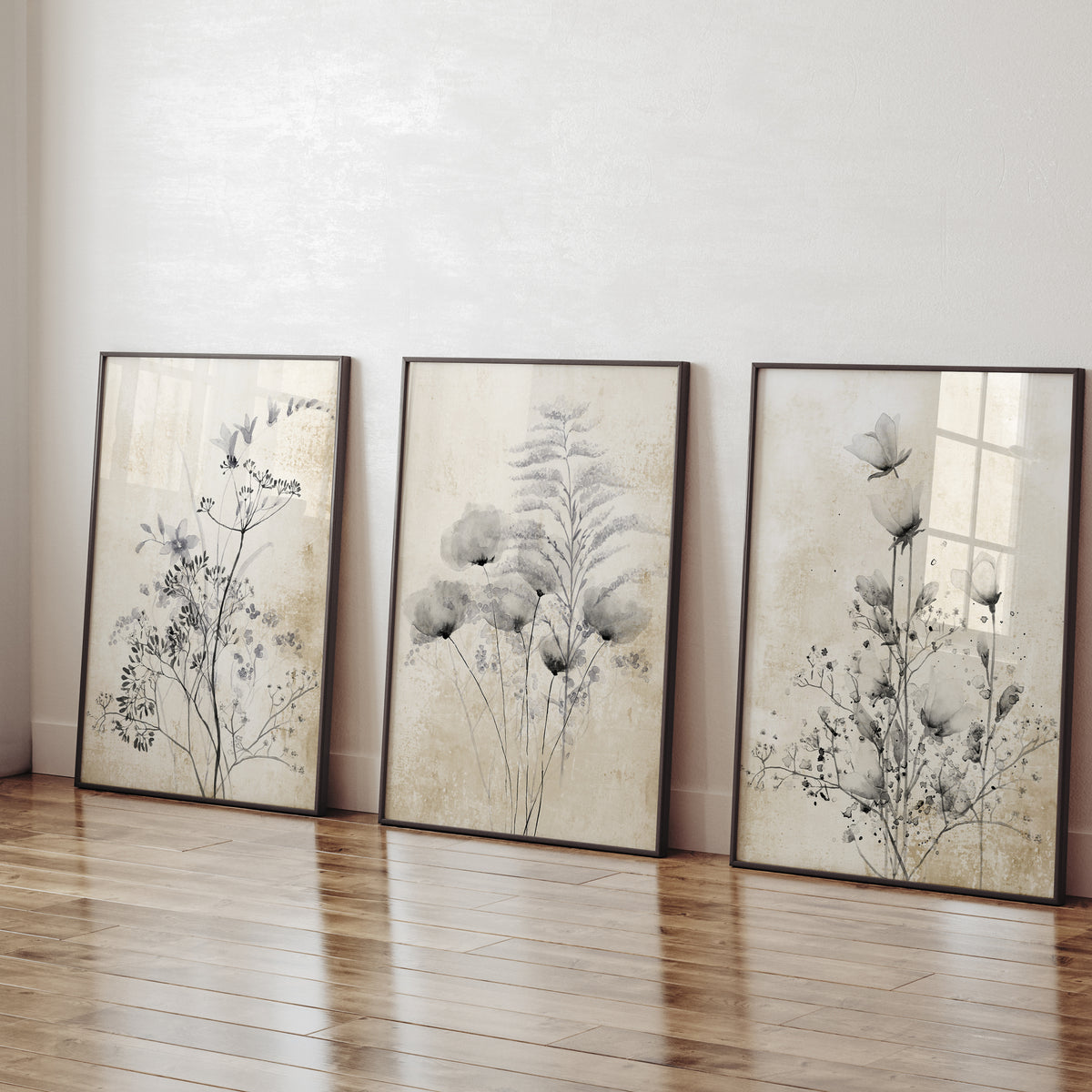 Set of 3 Botanical Prints – Neutral Floral Wall Art in Beige and Black ...
