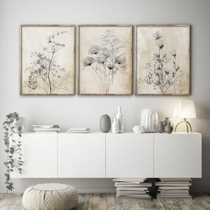 Set of 3 Botanical Prints – Neutral Floral Wall Art in Beige and Black, Farmhouse Wall Decor, Vintage-Inspired Nature Prints