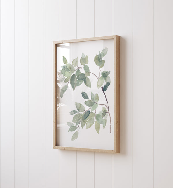 Aquarell Blätter Poster – Grünes Pflanzen Wandbild – Minimalistische Naturkunst im Japandi Stil für Wohnzimmer oder Schlafzimmer