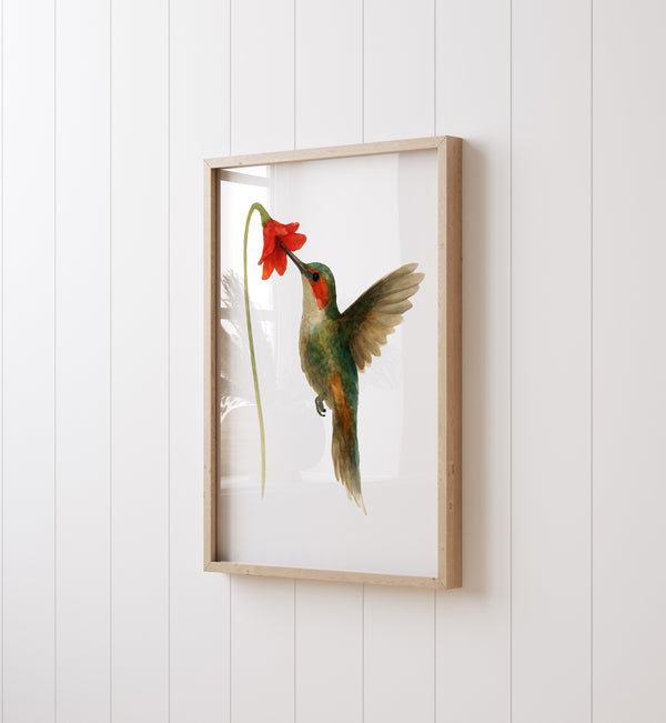 Handgemaltes Aquarell-Kunstwerk Kolibri, Farbenfroher Vogel mit gelben Blüten