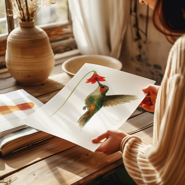 Handgemaltes Aquarell-Kunstwerk Kolibri, Farbenfroher Vogel mit gelben Blüten