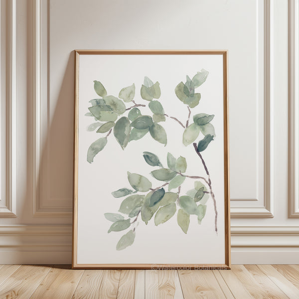 Aquarell Blätter Poster – Grünes Pflanzen Wandbild – Minimalistische Naturkunst im Japandi Stil für Wohnzimmer oder Schlafzimmer
