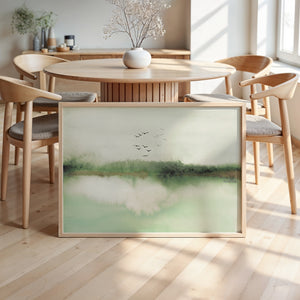Japandi Green Abstract - Watercolor Artwork – Modern Minimalist Wall Art with Flying Birds