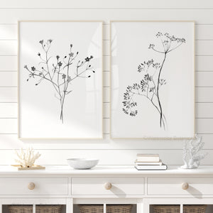 Minimalist black and white botanical watercolor art, set of 2