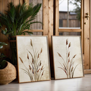 Set of 2 Farmhouse Style Prints – Watercolor Botanical Grass Wall Art in Beige and Brown Tones