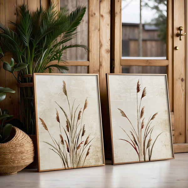 Set of 2 Farmhouse Style Prints – Watercolor Botanical Grass Wall Art in Beige and Brown Tones