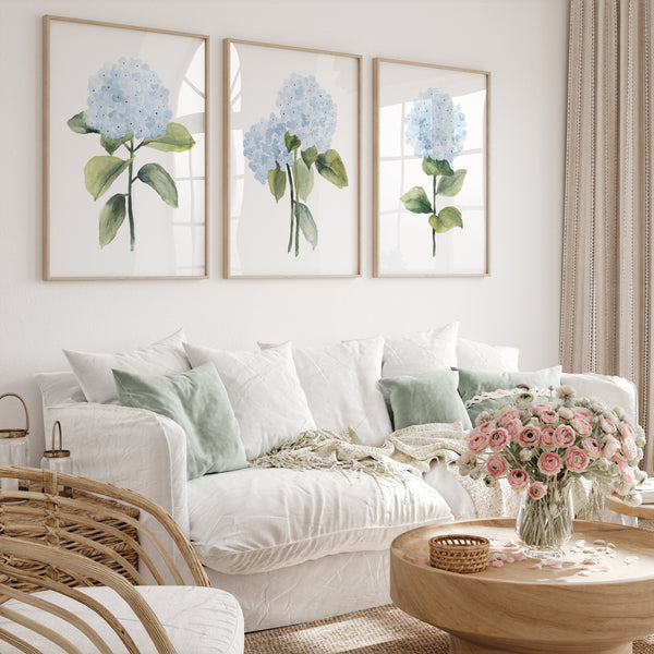 Sunlight streams through a window, illuminating three framed watercolor paintings of blue hydrangeas on the wall of a living room. The paintings cast a soft glow on the space, creating a serene and inviting atmosphere. A plush sofa sits beneath the paintings, inviting relaxation and contemplation.