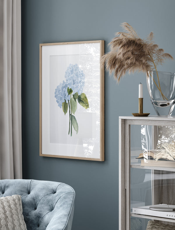 Set aus 4 Aquarell Hortensien Postern – Blaue Blumen Bilder – Botanische Wanddeko für modernes Wohnzimmer oder Schlafzimmer