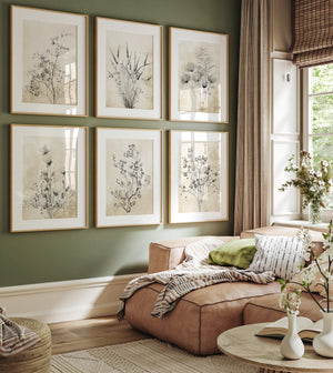 A gallery wall of six botanical illustrations showcasing various wildflowers in black ink on a vintage-inspired tan background. The artwork is displayed in a living room setting with a plush sofa and natural light.