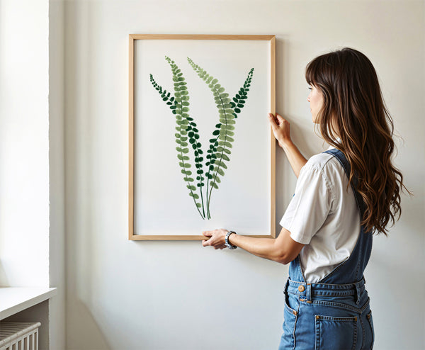 A framed watercolor painting showcases the intricate details of a fern, its small, soft green leaves rendered in subtle hues, being held by a woman.