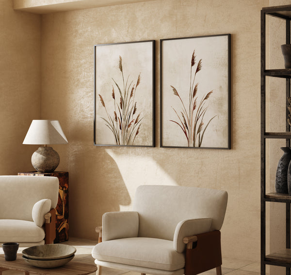 Set of 2 Farmhouse Style Prints – Watercolor Botanical Grass Wall Art in Beige and Brown Tones