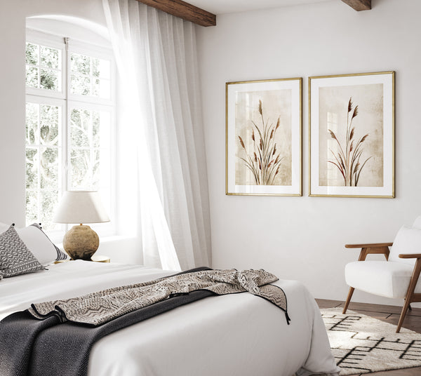 Set of 2 Farmhouse Style Prints – Watercolor Botanical Grass Wall Art in Beige and Brown Tones