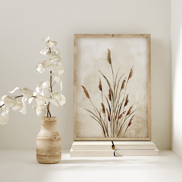 Set of 2 Farmhouse Style Prints – Watercolor Botanical Grass Wall Art in Beige and Brown Tones