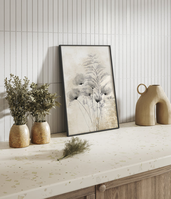 A botanical element adds a touch of nature to a modern kitchen with a minimalist aesthetic.