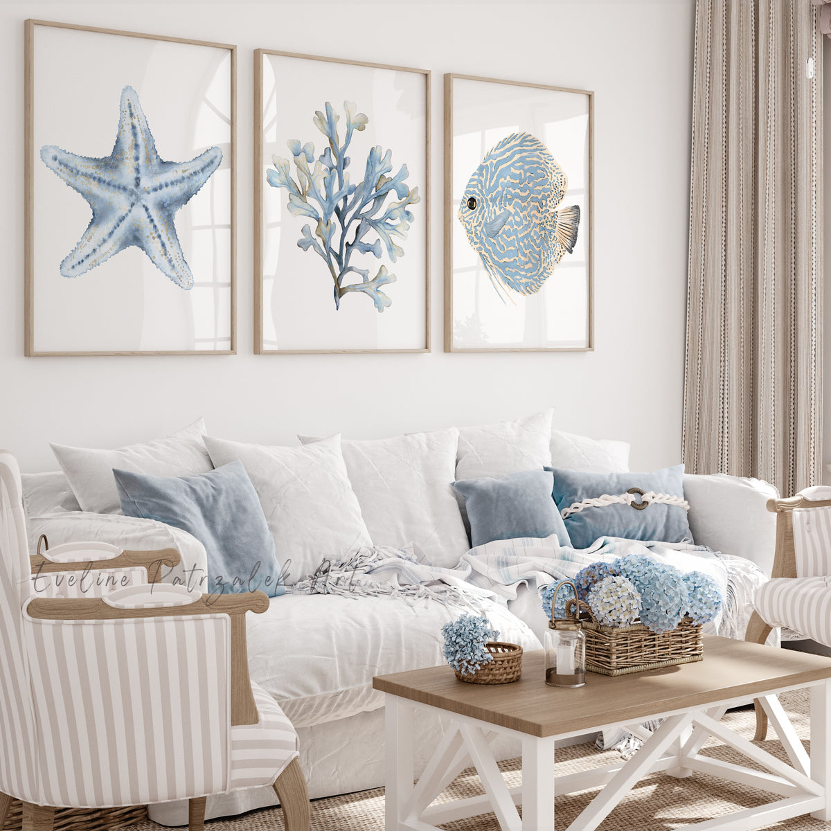 Light Blue Coastal Watercolor Wall Art Set – Fish, Coral & Starfish Pr ...