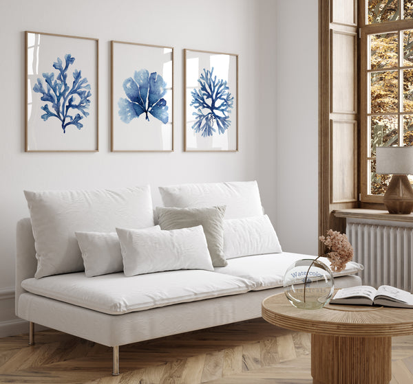 Modern Coastal Artwork, Blue Minimalist Corals, Set of 3 Prints