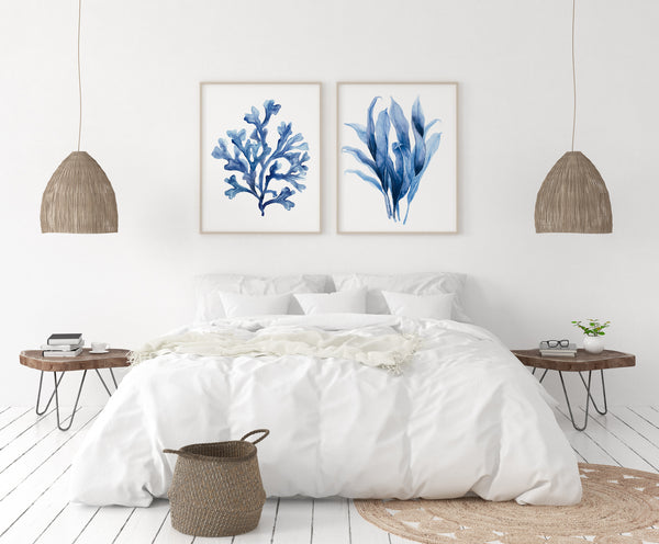 Set aus 2 Aquarell-Pflanzenpostern – Blaue Wandbilder mit Meerespflanzen – Moderne Japandi Deko für Wohnzimmer oder Schlafzimmer