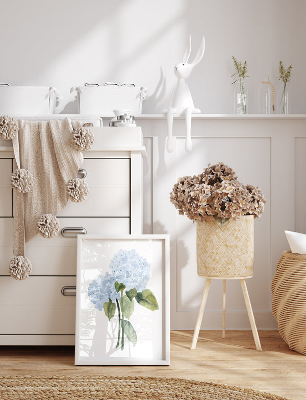Set aus 4 Aquarell Hortensien Postern – Blaue Blumen Bilder – Botanische Wanddeko für modernes Wohnzimmer oder Schlafzimmer