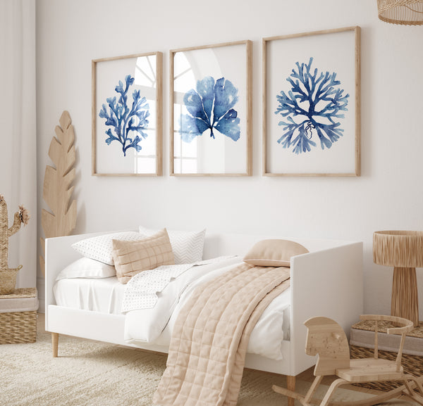 Modern Coastal Artwork, Blue Minimalist Corals, Set of 3 Prints
