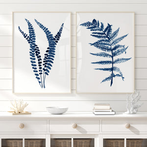 Blue Botanical Prints – Set of 2 Navy Fern Wall Art, Minimalist Nature Prints, Coastal Farmhouse Decor, Modern Botanical Wall Art