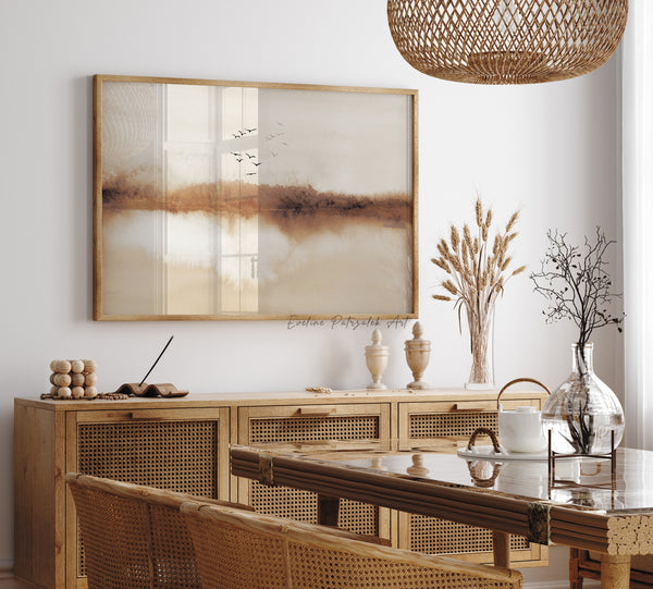 Abstract Landscape Print with Flying Birds – Autumn Watercolor Wall Art in Earth Tones
