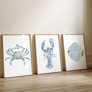 Coastal Marine Watercolor Art – Minimalist Sea Life Print Set of 3 (Crab, Lobster, Fish)