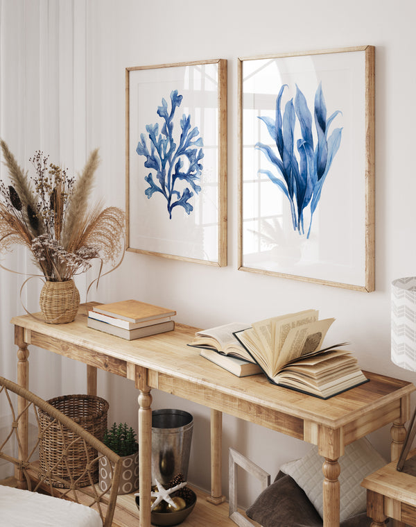 Set aus 2 Aquarell-Pflanzenpostern – Blaue Wandbilder mit Meerespflanzen – Moderne Japandi Deko für Wohnzimmer oder Schlafzimmer