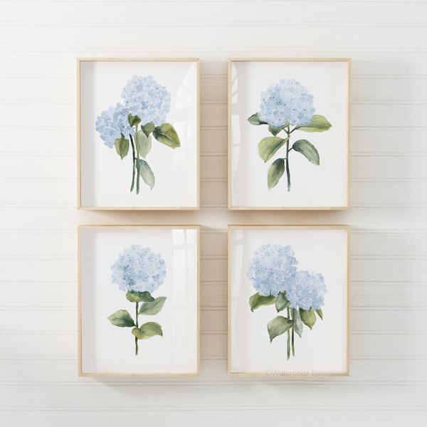 Set aus 4 Aquarell Hortensien Postern – Blaue Blumen Bilder – Botanische Wanddeko für modernes Wohnzimmer oder Schlafzimmer