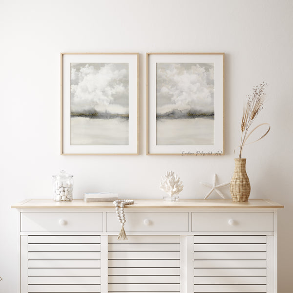 Japandi Cloud Wall Art – Set of 2 Beige and Gray Abstract Landscape Prints for Modern Interiors