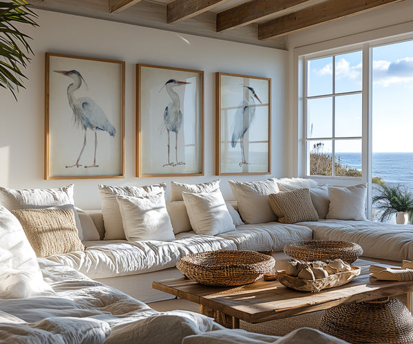 Vintage great blue heron wall art set of 3 prints