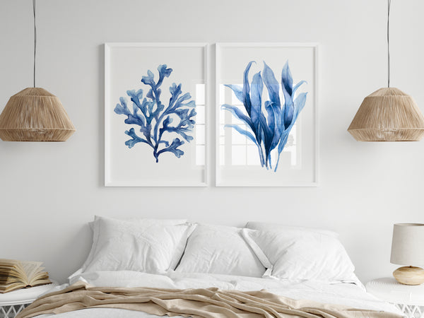 Set aus 2 Aquarell-Pflanzenpostern – Blaue Wandbilder mit Meerespflanzen – Moderne Japandi Deko für Wohnzimmer oder Schlafzimmer
