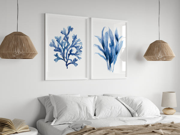 Set aus 2 Aquarell-Pflanzenpostern – Blaue Wandbilder mit Meerespflanzen – Moderne Japandi Deko für Wohnzimmer oder Schlafzimmer