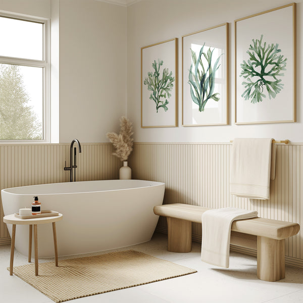 Three framed watercolor paintings of various types of green coral and seaweed hang on a white wall above a bathtub in a bathroom.