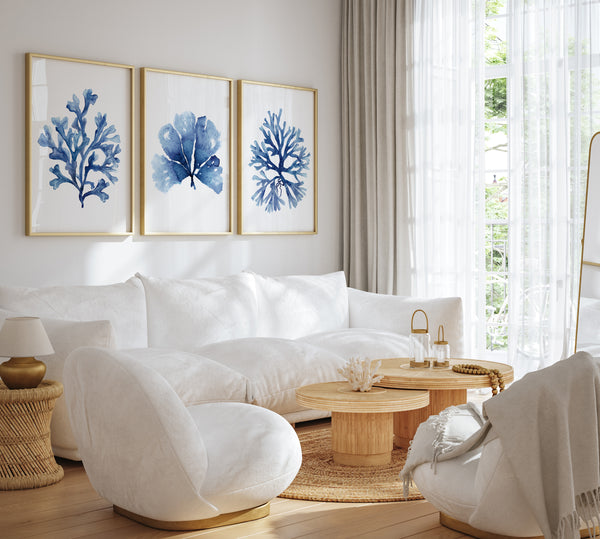 Modern Coastal Artwork, Blue Minimalist Corals, Set of 3 Prints