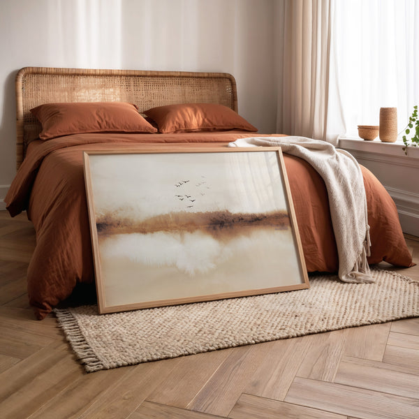 Abstract Landscape Print with Flying Birds – Autumn Watercolor Wall Art in Earth Tones