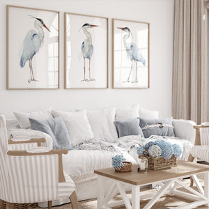 Great Blue Heron Watercolor Print Set - Coastal Bird Art, Nautical Wall Decor, Modern Beach House Prints, Hamptons Style Artwork