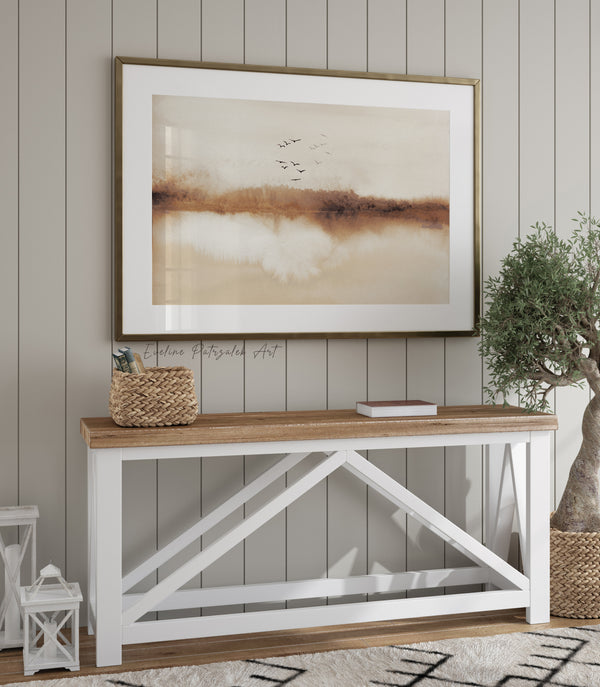 Abstract Landscape Print with Flying Birds – Autumn Watercolor Wall Art in Earth Tones