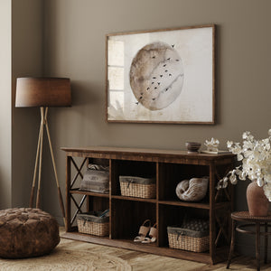 Japandi Flying Birds Wall Art – Minimalist Circle Watercolor Print in Earth Tones, Modern Zen Decor for Bedroom or Entryway
